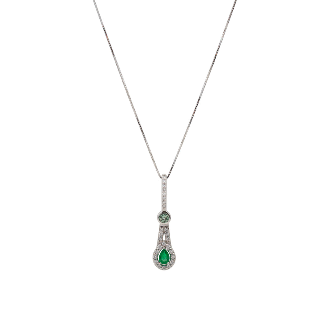One of a Kind Emerald Pendant with Alexandrite and Diamond Accents in 14k White Gold