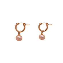 Load image into Gallery viewer, Pink Pearl Huggie Hoop Earrings
