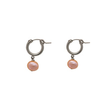 Load image into Gallery viewer, Pink Pearl Huggie Hoop Earrings
