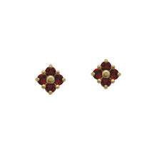 Load image into Gallery viewer, Yellow-Gold-Garnet-Lucky-Clover-Stud-Earrings
