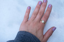 Load image into Gallery viewer,    yellow-gold-aquamarine-lucky-clover-ring-wearing
